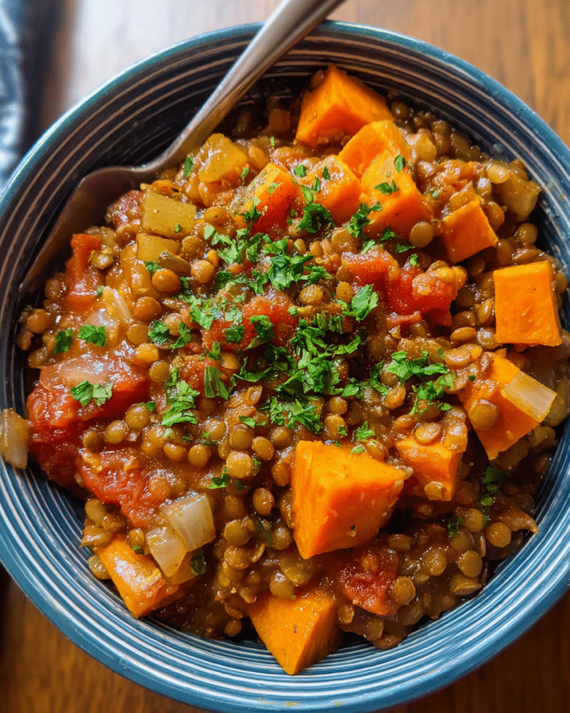 Meal Prep Moroccan Instant Pot Lentils in bowl with rice