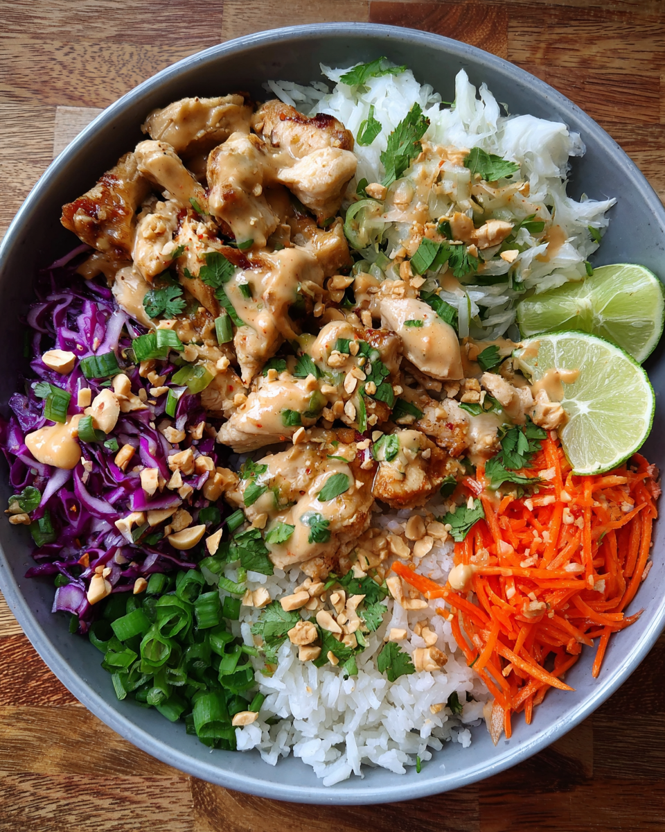 Meal Prep Peanut Chicken and Rice Bowls with Vegetables and Sauce