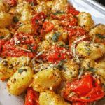 Meal Prep Pesto Rosso Gnocchi with cherry tomatoes and creamy red pesto
