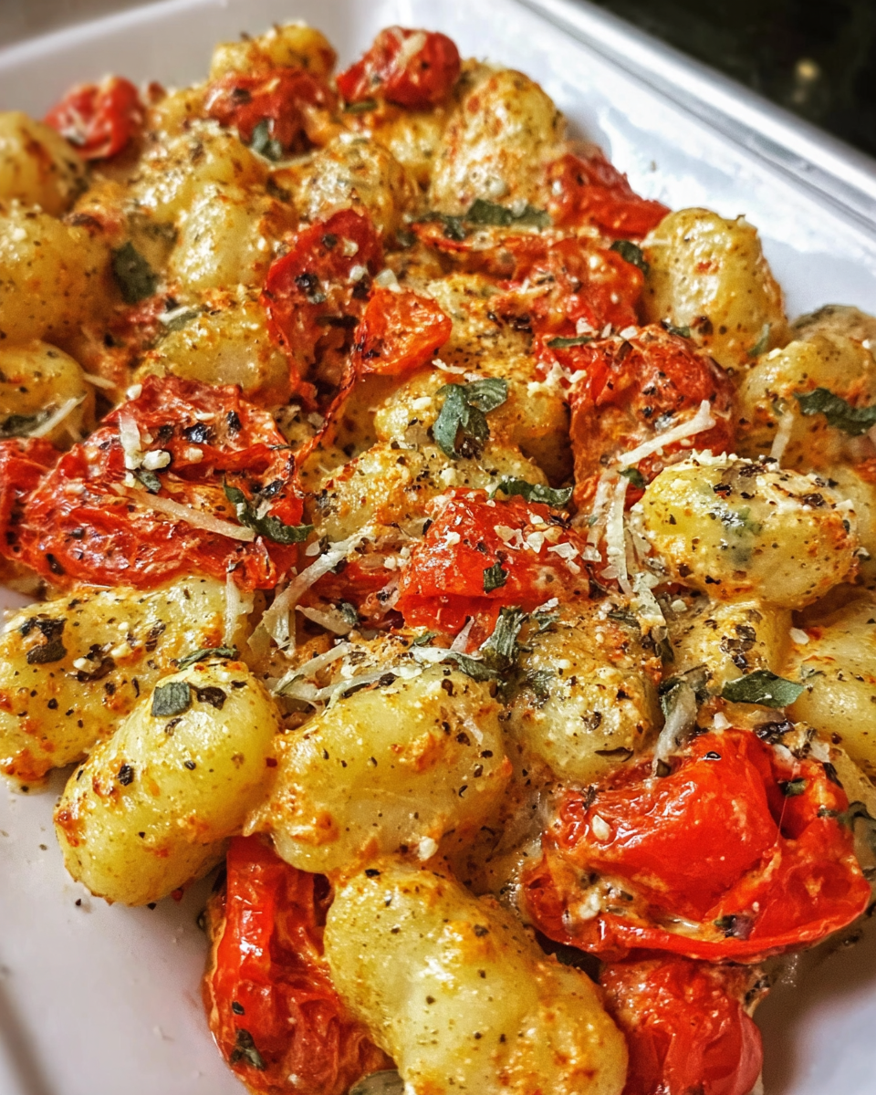 Meal Prep Pesto Rosso Gnocchi with cherry tomatoes and creamy red pesto