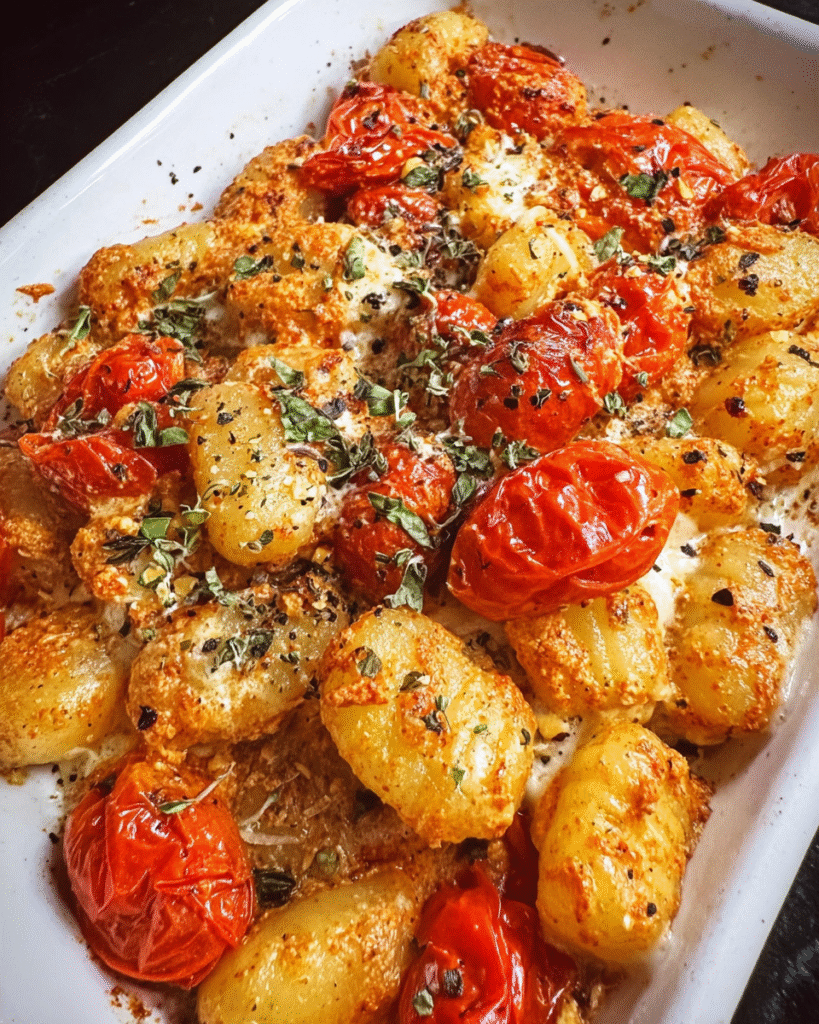 Meal Prep Pesto Rosso Gnocchi with cherry tomatoes and creamy red pesto