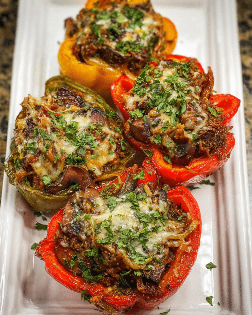Meal Prep Philly Stuffed Bell Pepper filled with beef, mushrooms, and provolone cheese