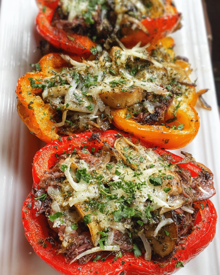 Meal Prep Philly Stuffed Bell Pepper filled with beef, mushrooms, and provolone cheese