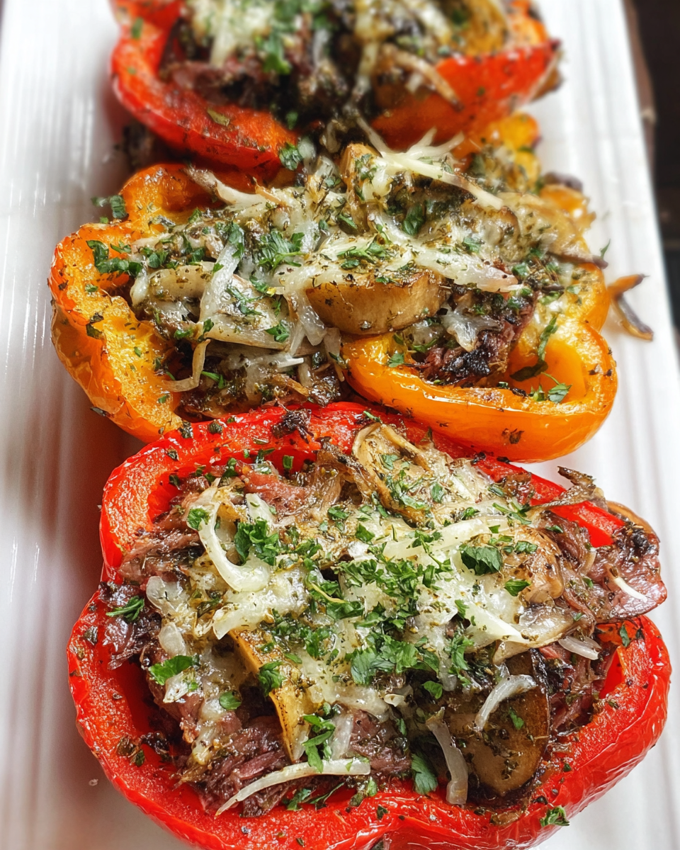 Meal Prep Philly Stuffed Bell Pepper filled with beef, mushrooms, and provolone cheese