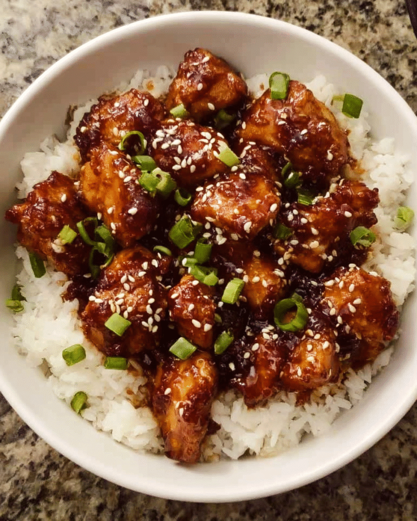 Meal Prep Sesame Ginger Chicken with Rice in glass container