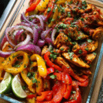 Meal Prep Sheet Pan Chicken Tinga Bowls with roasted peppers and chipotle sauce