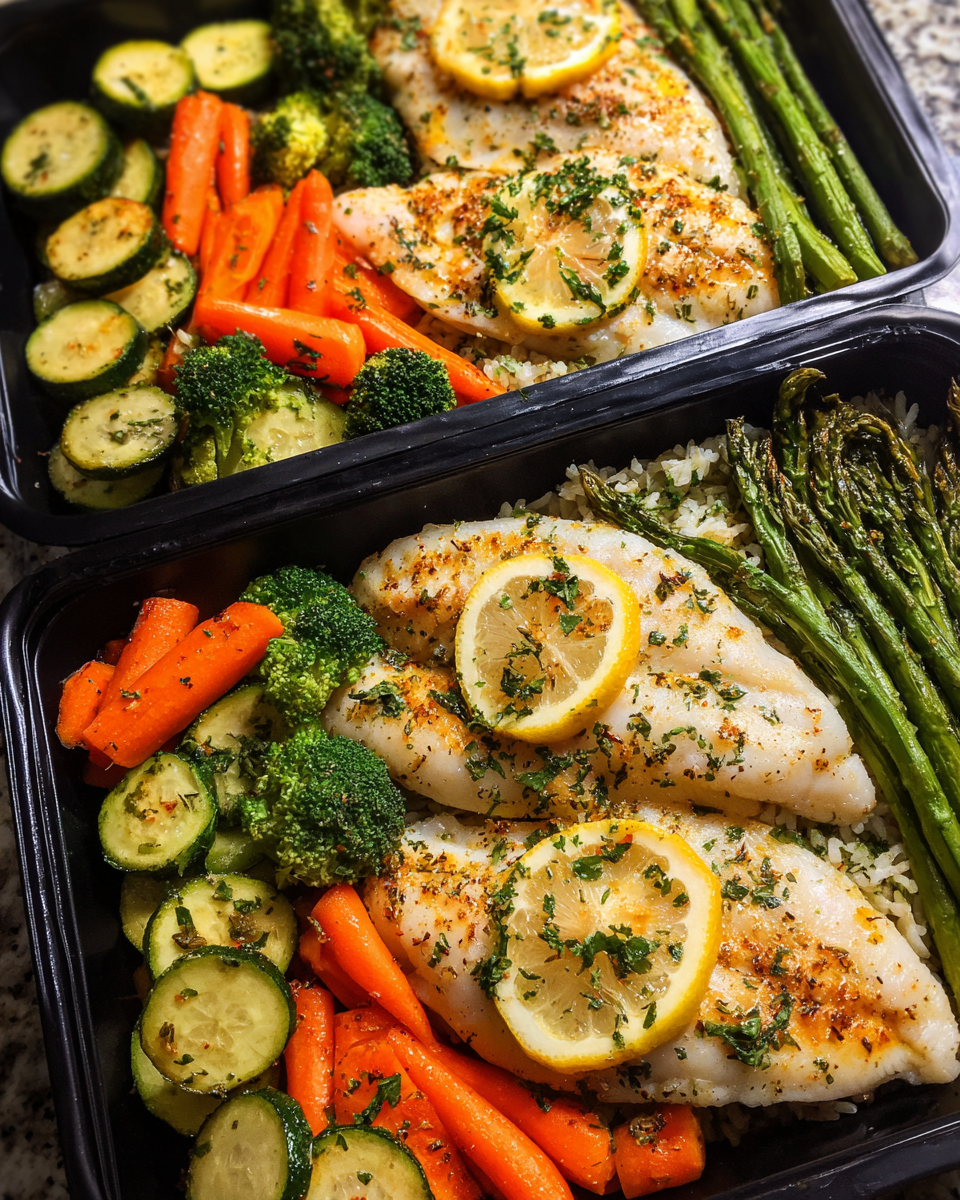 Meal Prep Sheet Pan Tilapia and Veggies with Roasted Vegetables and Brown Rice