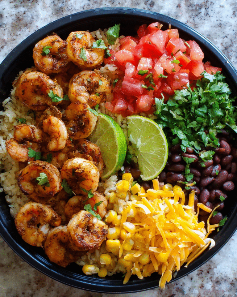 Meal-Prep Shrimp Taco Bowl with rice and toppings