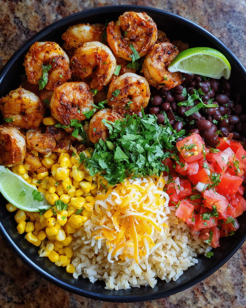 Meal-Prep Shrimp Taco Bowl with rice and toppings