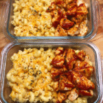 Meal Prep Skinny BBQ Chicken Mac and Cheese in glass containers
