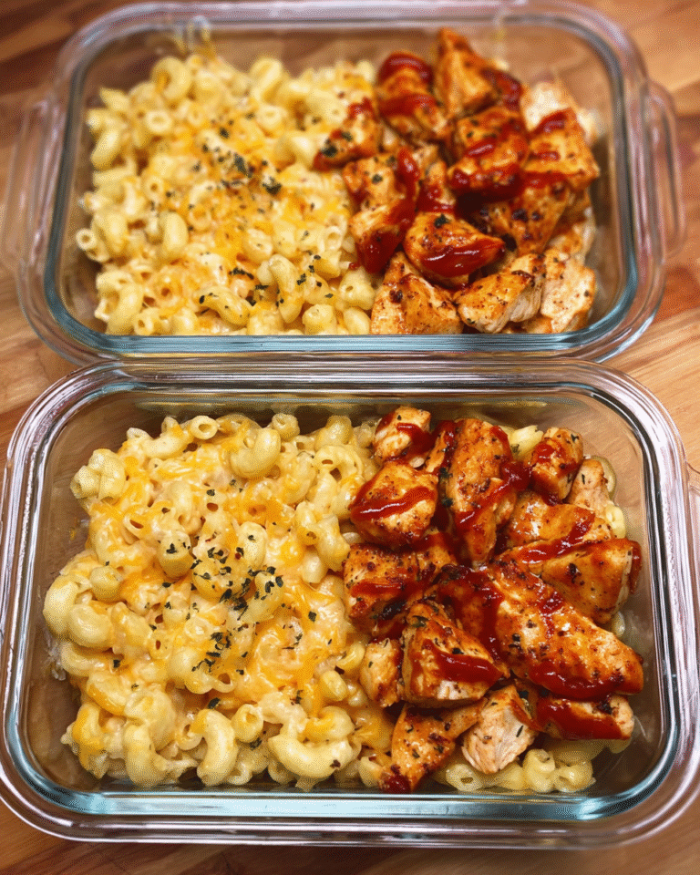 Meal Prep Skinny BBQ Chicken Mac and Cheese in glass containers