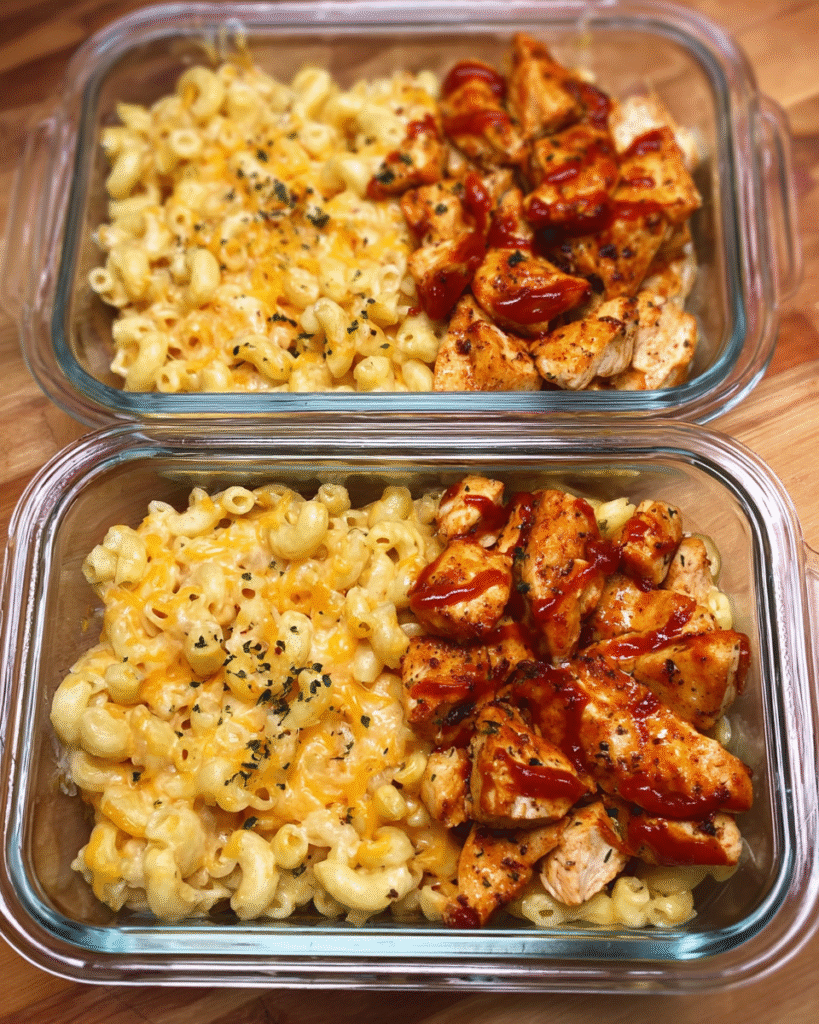 Meal Prep Skinny BBQ Chicken Mac and Cheese in glass containers