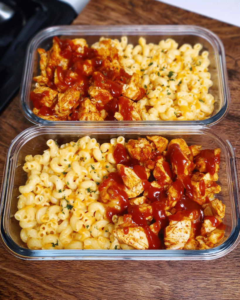Meal Prep Skinny BBQ Chicken Mac and Cheese in glass containers