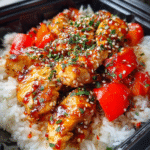 Meal prep sweet and sour chicken in a bowl with jasmine rice