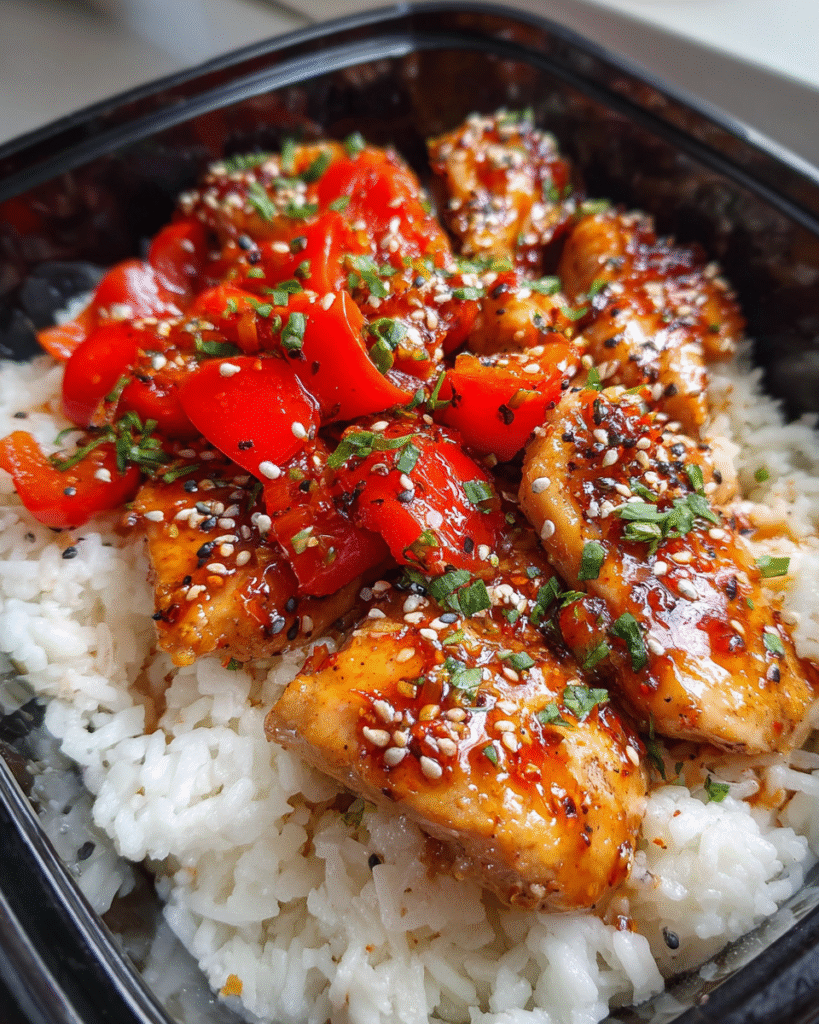 Meal prep sweet and sour chicken in a bowl with jasmine rice