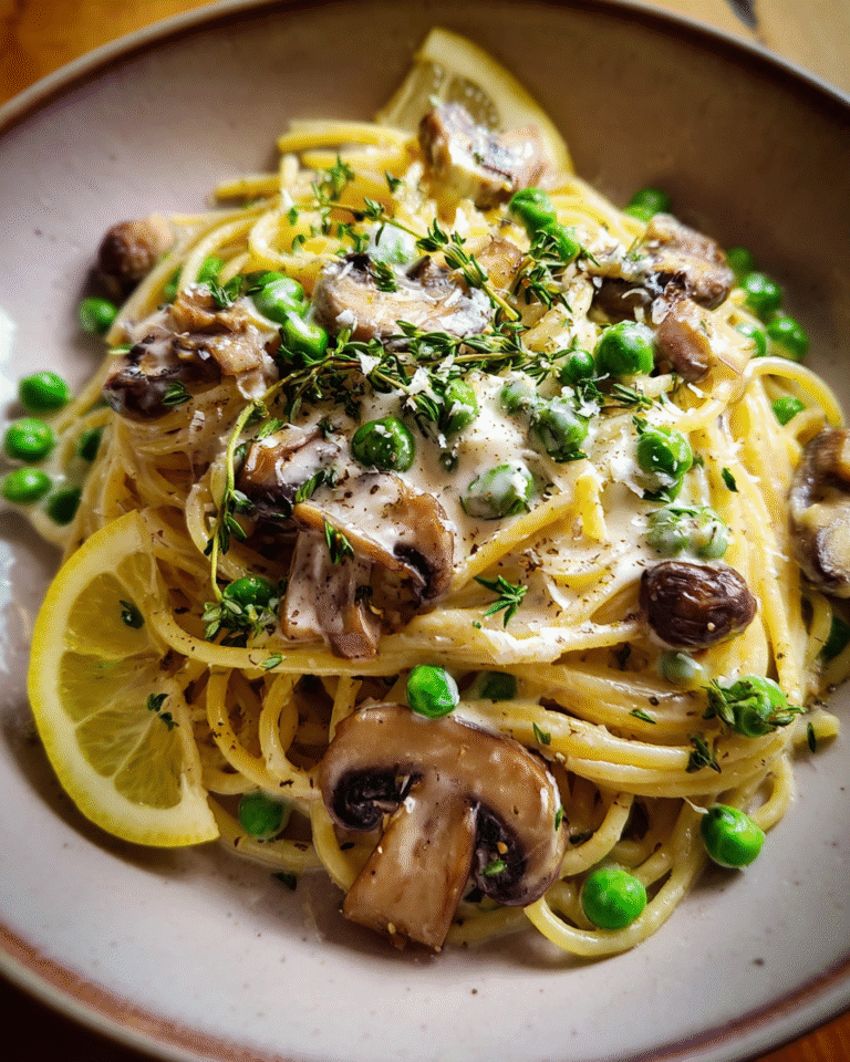 Mushroom pasta with peas served with ricotta