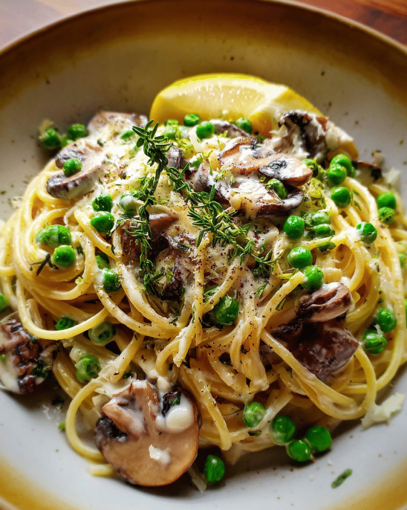 Mushroom pasta with peas served with ricotta