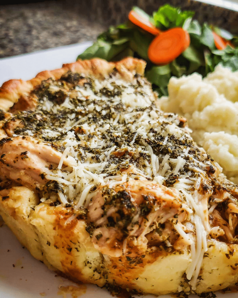 Baked pesto ranch chicken freezer meal with golden crust in pie plate