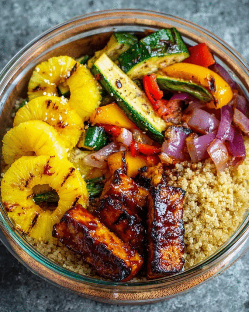 Pineapple BBQ tofu meal prep bowls with grilled vegetables and quinoa