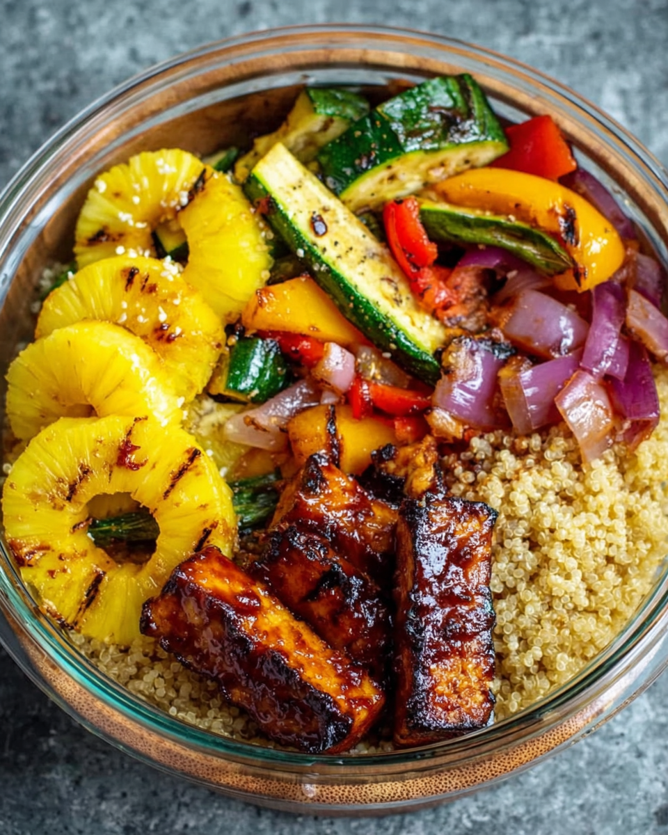Pineapple BBQ tofu meal prep bowls with grilled vegetables and quinoa