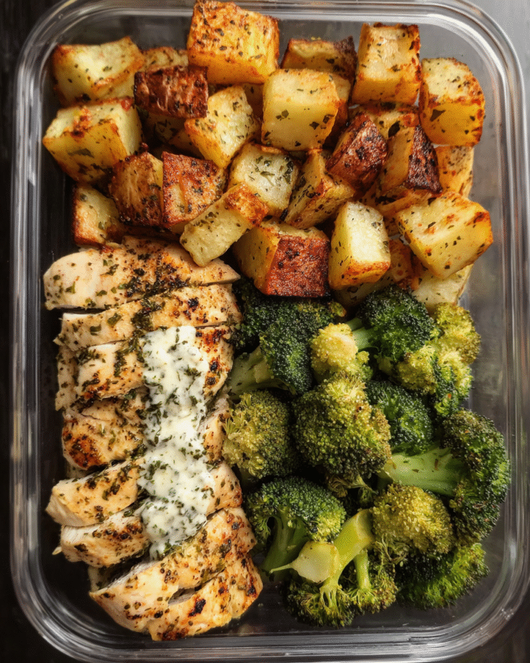 Ranch chicken meal prep in containers with potatoes and broccoli