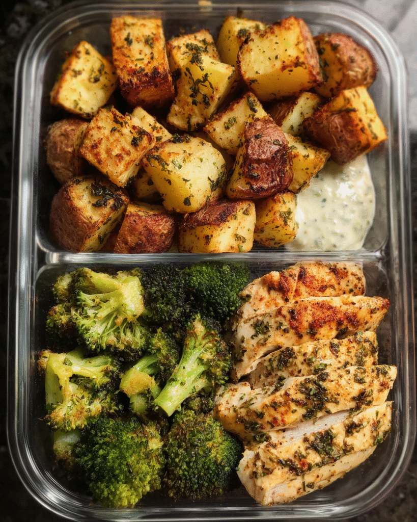 Ranch chicken meal prep in containers with potatoes and broccoli