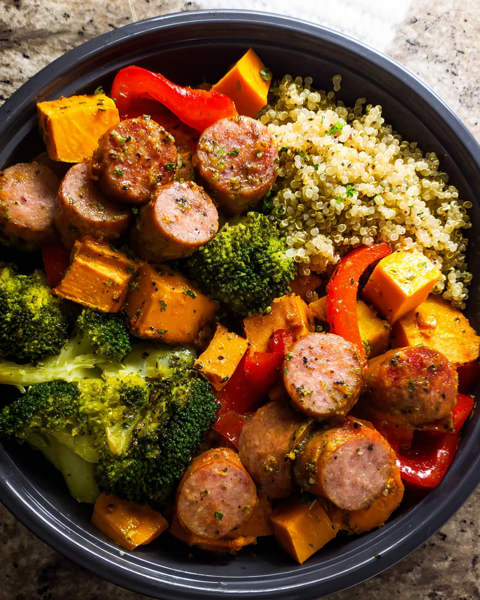 Roasted sausage, veggies and quinoa meal-prep in glass containers