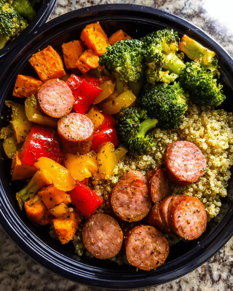 Roasted sausage, veggies and quinoa meal-prep in glass containers