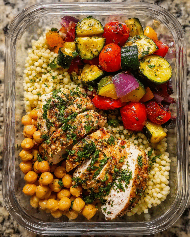 Roasted vegetable couscous meal prep in containers with chicken and chickpeas