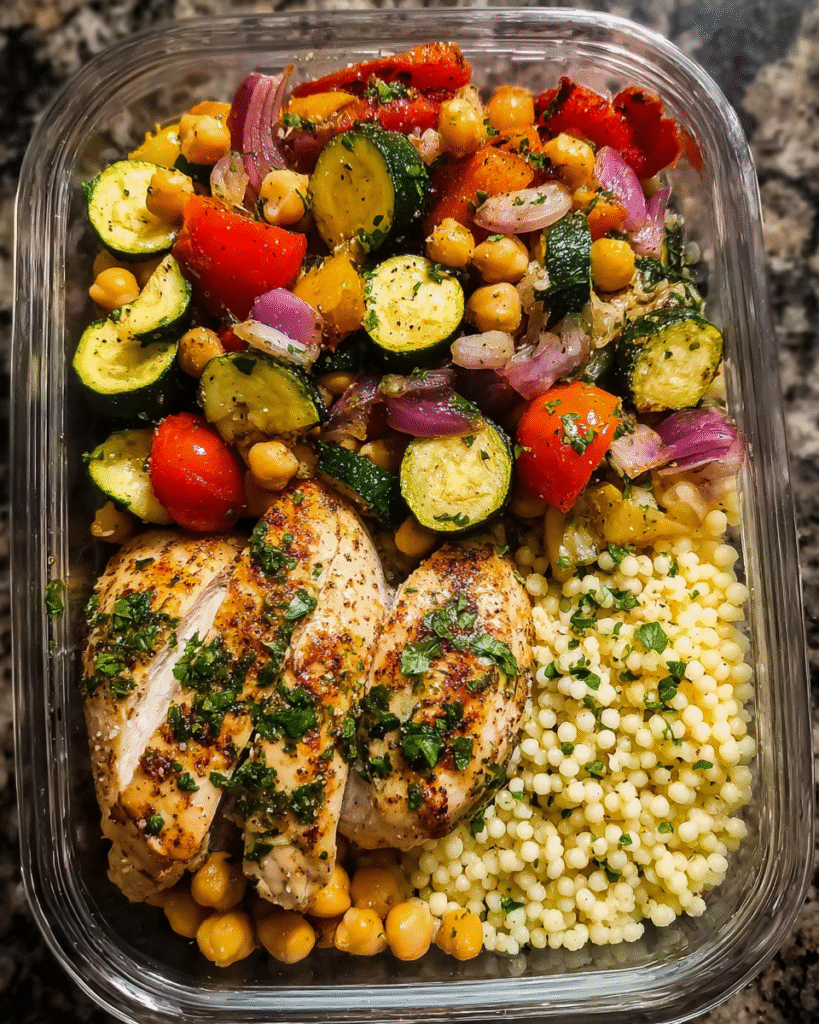 Roasted vegetable couscous meal prep in containers with chicken and chickpeas