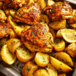 Roasted lemon pepper chicken thighs with golden potatoes on a baking sheet