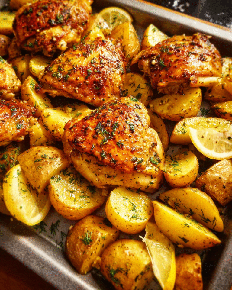 Roasted lemon pepper chicken thighs with golden potatoes on a baking sheet