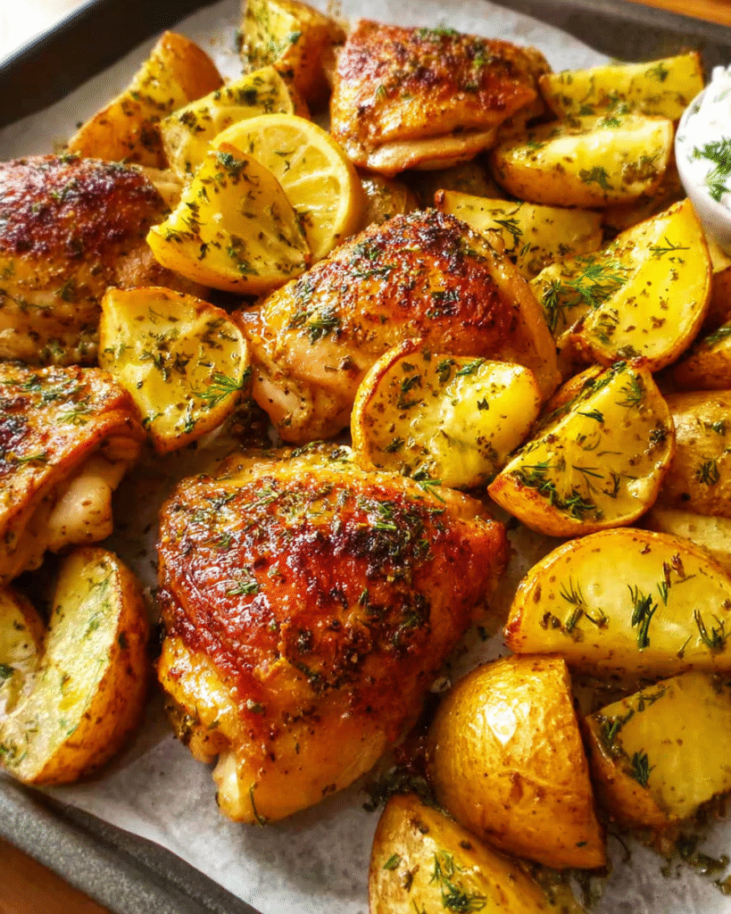 Roasted lemon pepper chicken thighs with golden potatoes on a baking sheet