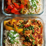 Salsa chicken meal prep bowls with rice and peppers