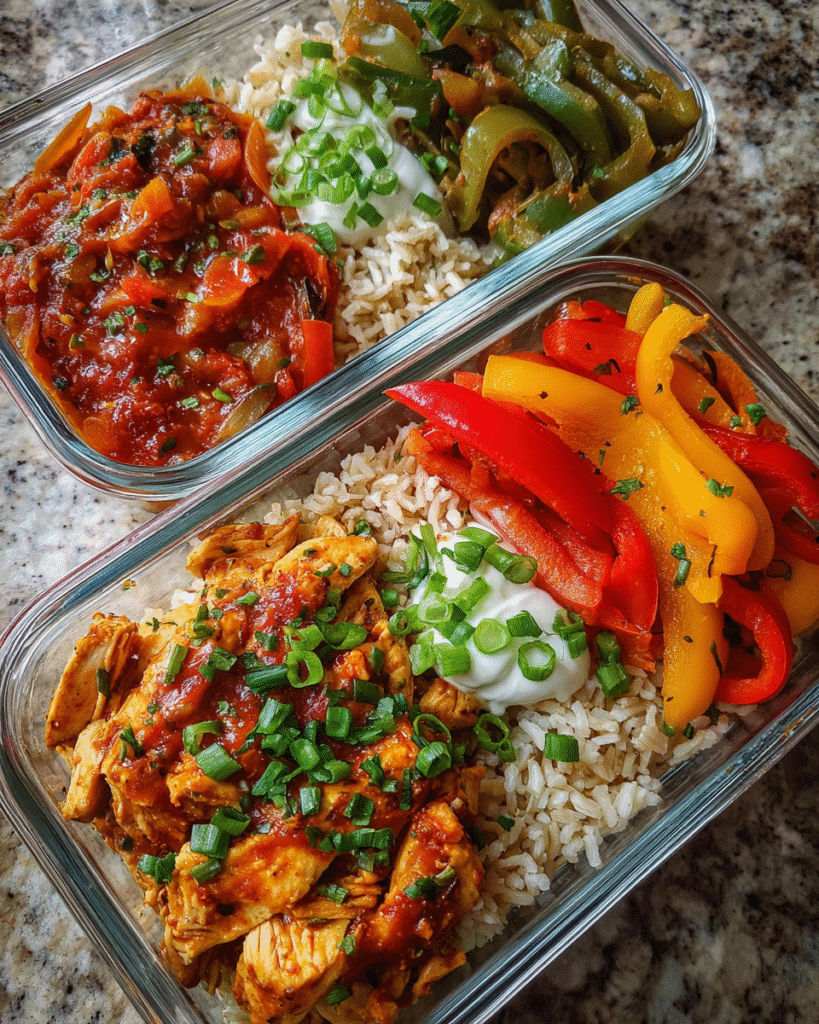 Salsa chicken meal prep bowls with rice and peppers