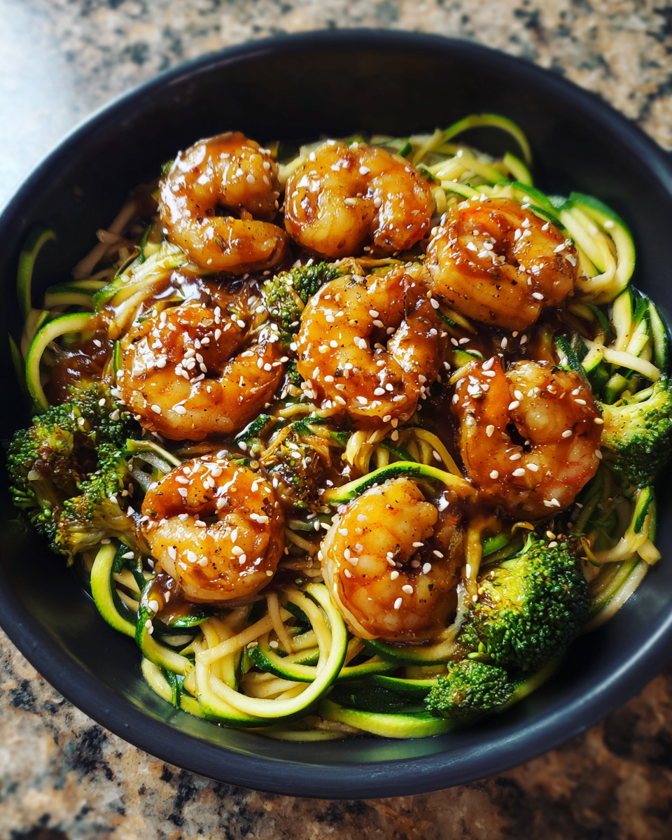 Shrimp Teriyaki Zucchini Noodles Meal-Prep in Glass Containers