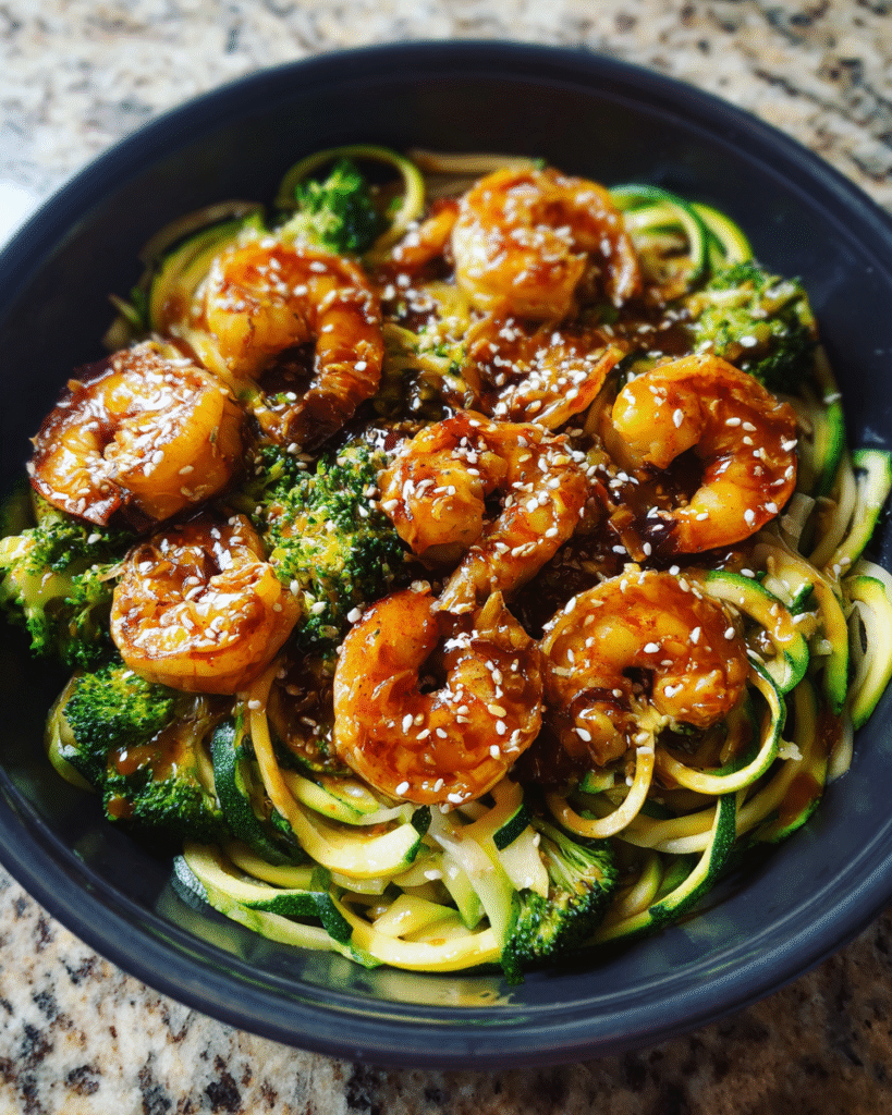 Shrimp Teriyaki Zucchini Noodles Meal-Prep in Glass Containers