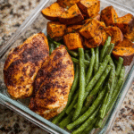 Smoky chicken and cinnamon roasted sweet potato meal prep in a lunch container
