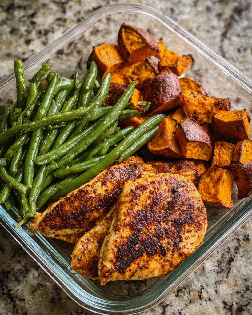 Smoky chicken and cinnamon roasted sweet potato meal prep in a lunch container