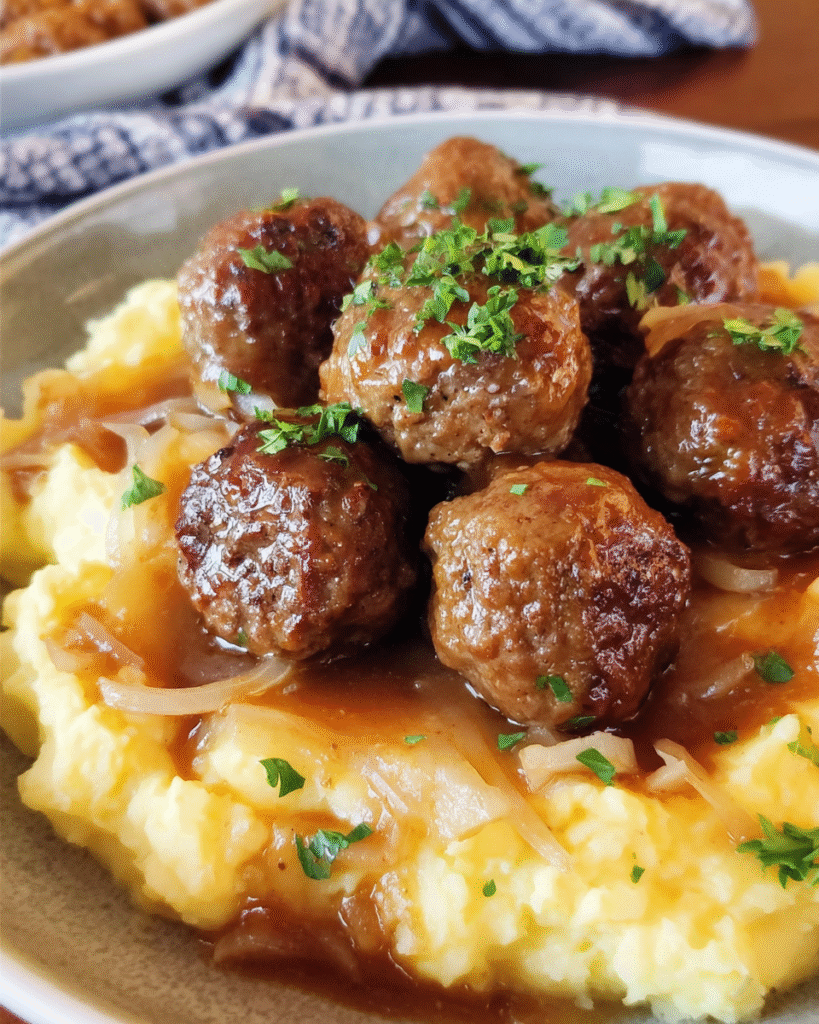 Salisbury steak meatballs with onion gravy