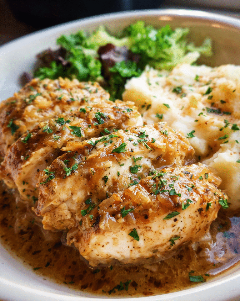 Slow Cooker French Onion Chicken Freezer Meal in crockpot