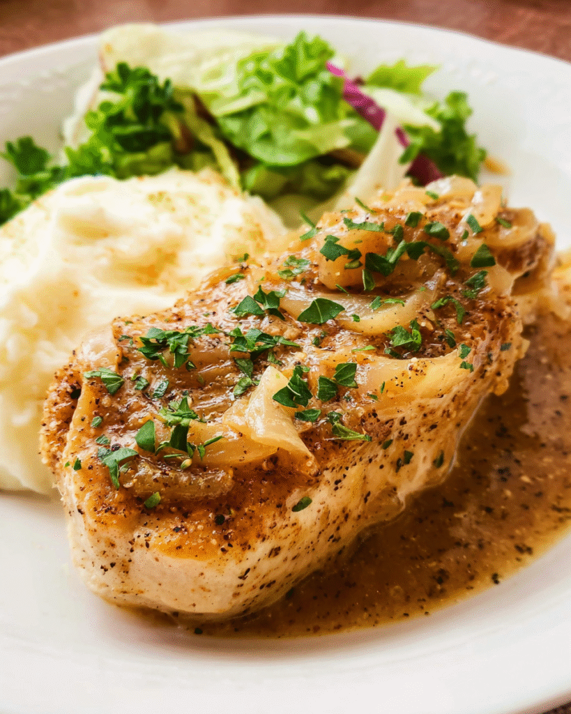 Slow Cooker French Onion Chicken Freezer Meal in crockpot