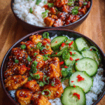 Sticky Korean Fried Chicken and Rice Bowl with Gochujang Glaze