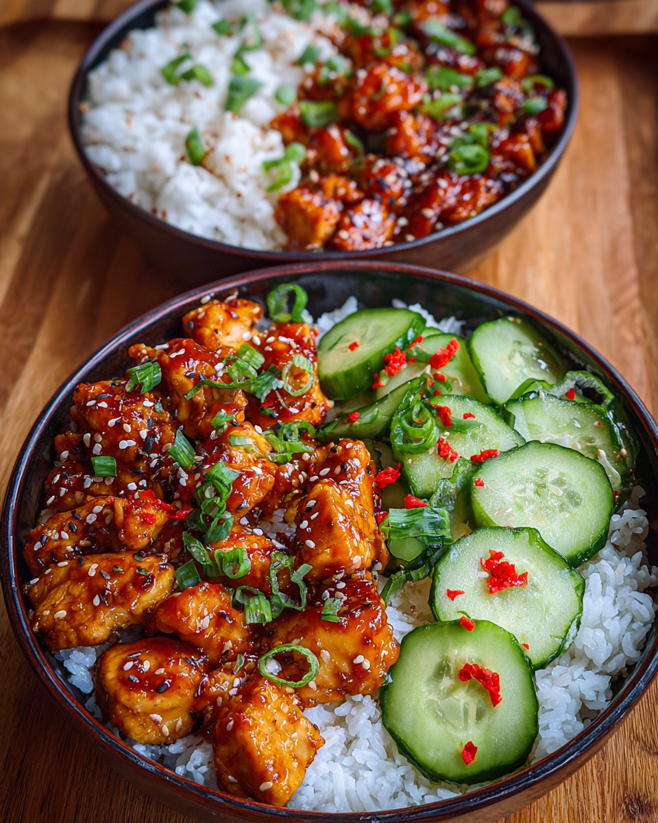 Sticky Korean Fried Chicken and Rice Bowl with Gochujang Glaze