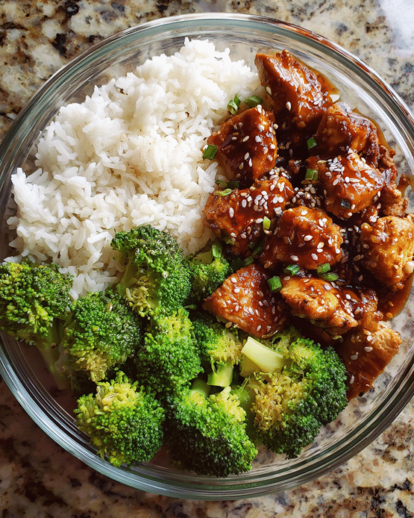 Teriyaki chicken meal prep with rice and broccoli in containers