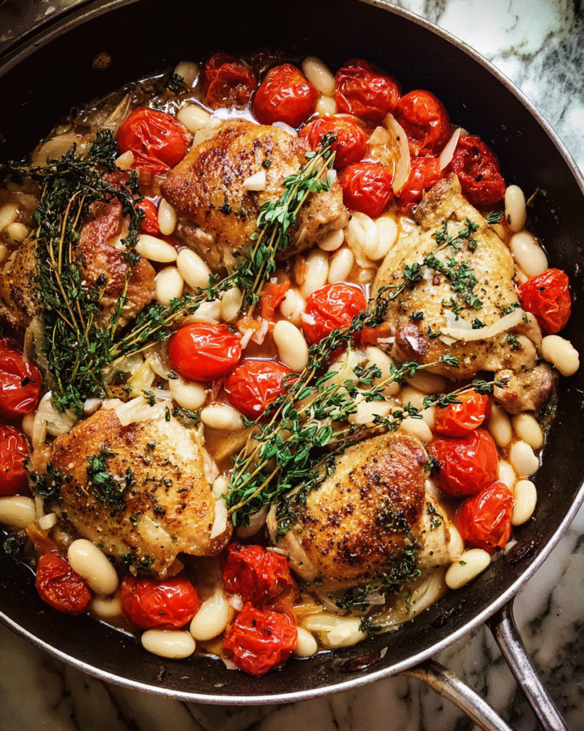 white bean chicken bake with garlic and herbs in baking dish