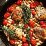 white bean chicken bake with garlic and herbs in baking dish