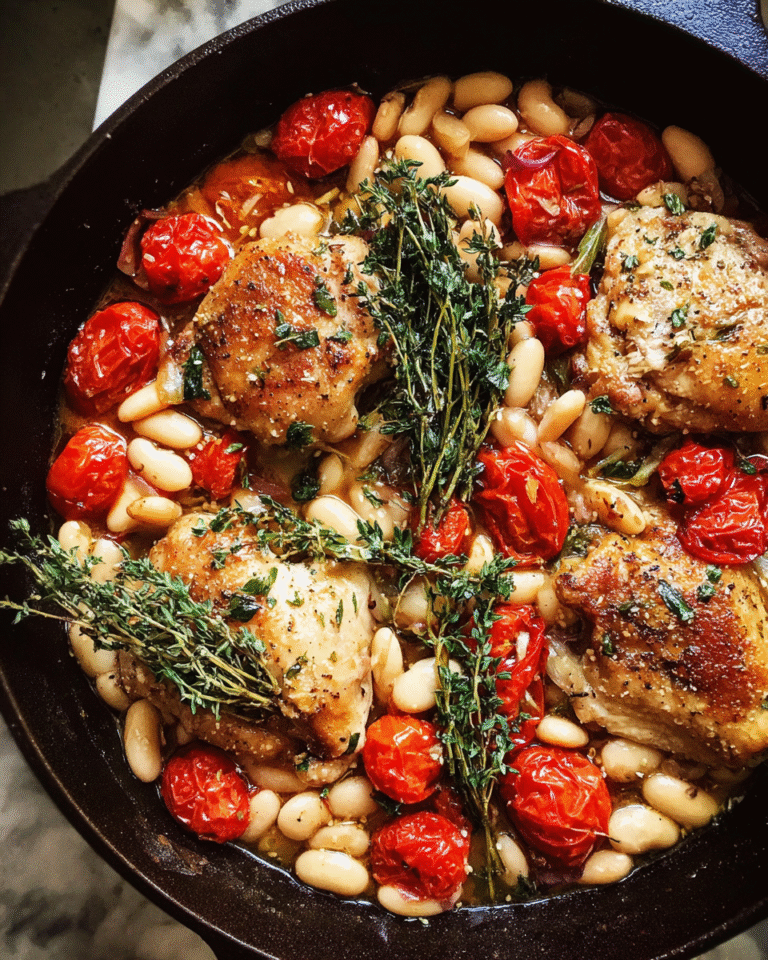 white bean chicken bake with garlic and herbs in baking dish