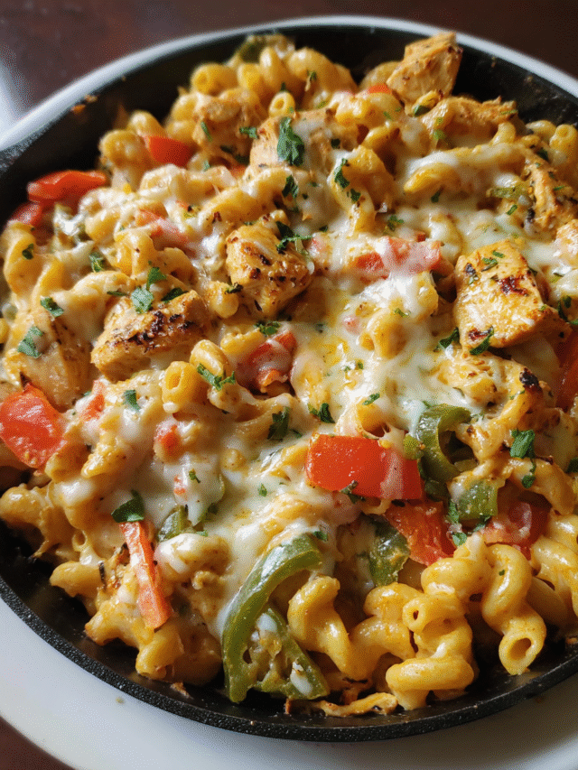 Baked chicken fajita pasta with peppers and melted cheese