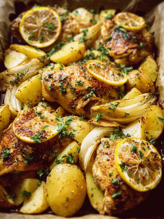 baked lemon chicken thighs with roasted potatoes on a sheet pan